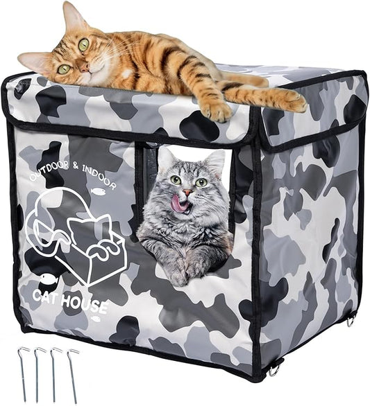 Indestructible Cat House Outdoor with Two-Sided Escape Door, Insulated and 100% Waterproof, Outside Weatherproof Feral Cat Shelter for Winter, Oxford Cloth Upgraded(Camouflage, s)