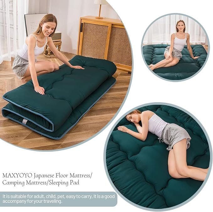 MAXYOYO Japanese Floor Mattress Futon Mattress, Thicken Sleeping Pad Foldable Roll Up Floor Futon for Adults Tatami Mat Dormitory Bed Lounger, Dark Green, Twin Size