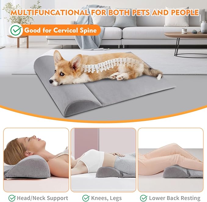 Dog Bolster Pillow for Large Dog, Benefit for Cervical Vertebra and Neck, Headrest with High Resilience Foam, Easy to Carry, Machine Washable Cover竊낰asy to Clean, Light Grey(Large)