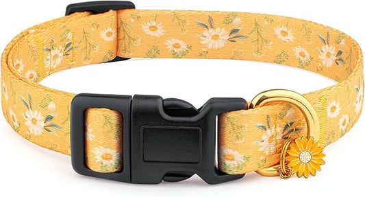 Cotton Handmade Dog Collar for Small Medium Large Dogs,Yellow Daisy with Pendant Cute Dog Collars (Large)