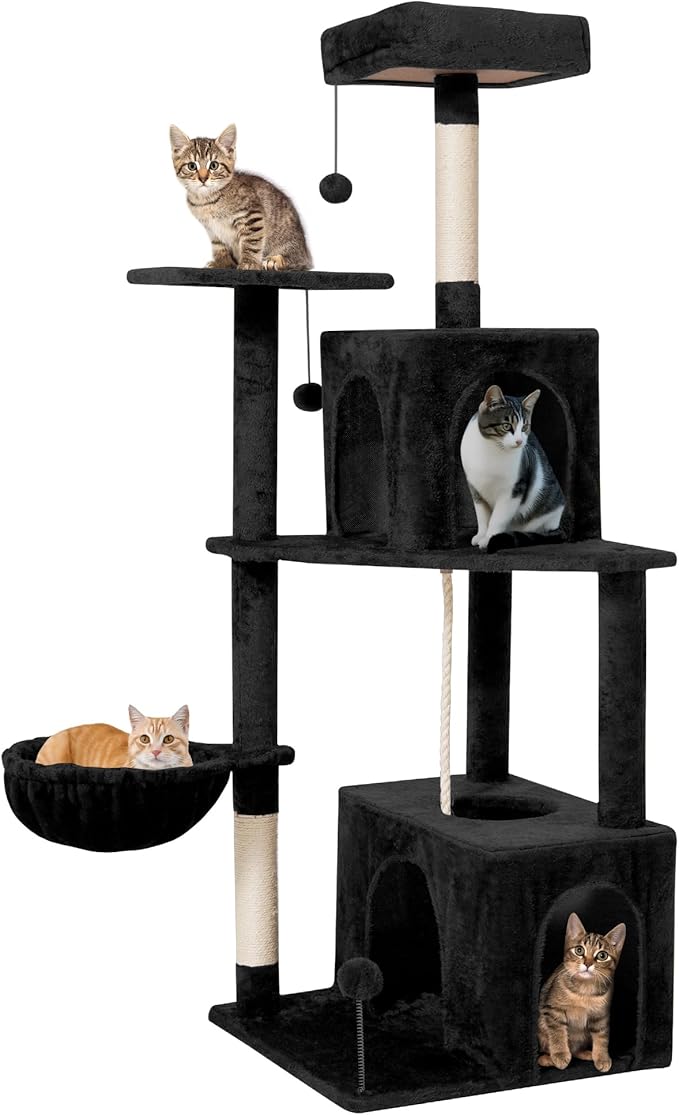 Cat Tree 54-Inch Cat Tower with Padded Plush Perch 2 Comfy Caves, Scratching Posts, Basket, 2 Pompoms, Multi-Level Plush Cat Condo for Indoor Cats Kittens, Black