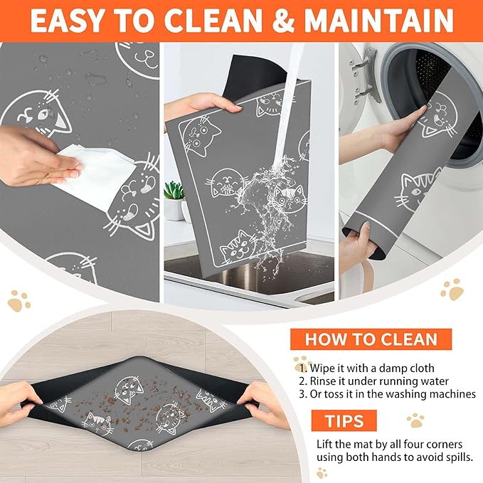 Cute Grey Cat Food Mat, Stain-Resistant Dog Cat Feeding Mat, Non-Slip Super Absorbent Pet Food Pad, Pet Bowl Mat for Food & Water Bowls, Cartoon Pattern Design, 12 x 20 Inch