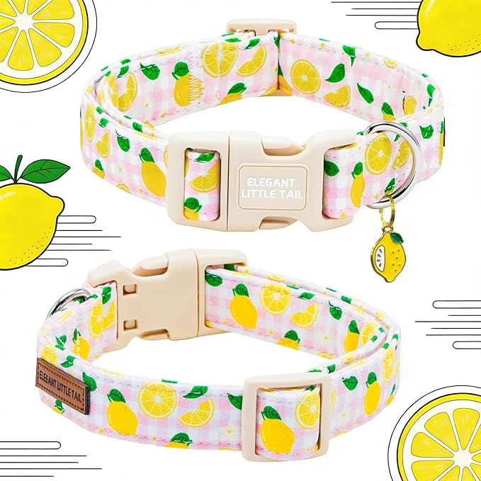 Elegant little tail Dog Collar, Pink Lemon Print Spring/Summer Soft Cotton Puppy Collars Adorable Female Pet Gift Lightweight Plastic Adjustable Dog Collar for Small Dogs