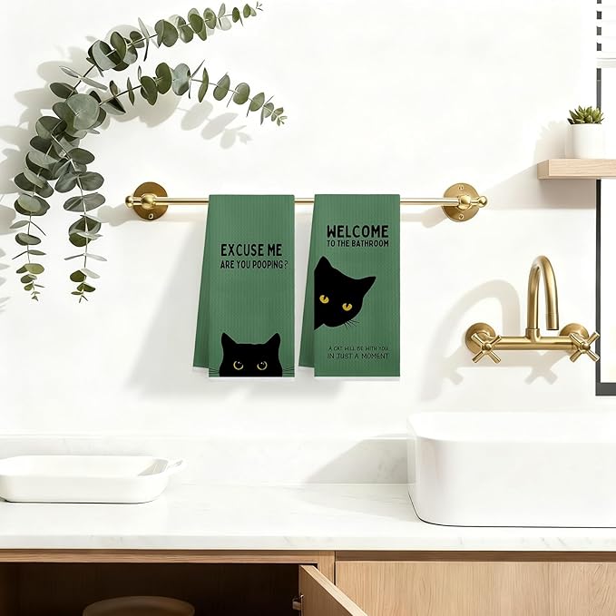 Funny Black Cat Bathroom Hand Towels Decorative Set of 2 - Funny Kitten Kitty Waffle Hand Towels for Guest Bathroom Decor, Black Cat Gifts for Cats Lovers, Unique House Warming Gifts New Home Idea