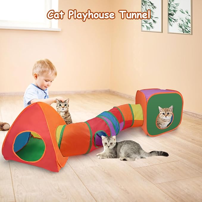 Rypet Cat Tunnels for Indoor Cats with Cube Tent Toys Combo Pop Up Collapsible Crinkle Interactive Peek Hole Cat Tube with Play Ball and Bell for Kitten, Puppy, Kitty, Rabbit