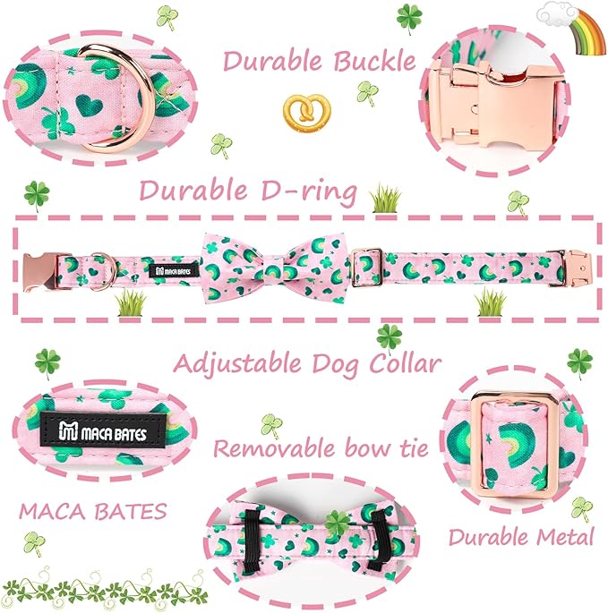Maca Bates St. Patrick's Day Shamrock Dog Collar,Fancy Bow Tie,Extra Small Girl Boy Dogs, Pink,Green Rainbow,Four Leaf Clover Pattern,Adjustable Durable Soft Collars Irish Gift for Male Female Puppy