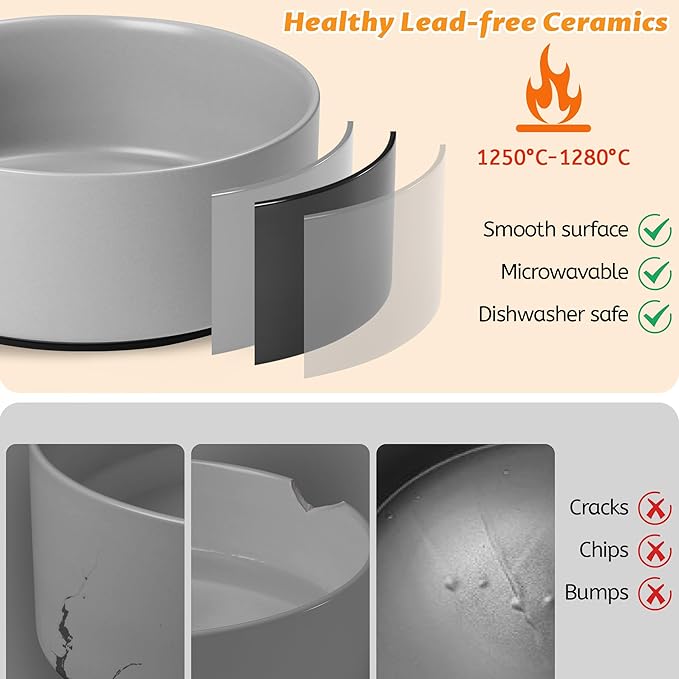 Large Dog Bowls, Non Slip Heavy Ceramic Dog Food and Water Bowl with Silicone Base, 8" Pet Feeding Bowl for Small, Medium, and Big Dogs (Grey, 8 Inches)