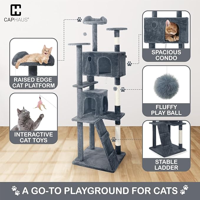 CAPHAUS Cat Tower for Indoor w/Cat Wand Toy, Modern Cute 74-Inch Cat Tree w/Widened Perch for Large Cats Kittens, Multi-Level Cat Activity Tree w/Scratching Posts, Tunnel, Basket, Cat Cave Condo