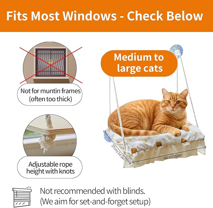 Cat Window Perch, Heavy Duty 20KG/44LB Suction Cup Hammock Bed with Soft Cushion, Secure & Stable Window Mount for Lazy Time, Bird Watching, Safe for Large Cats, 18.9"x14.5" (Yellow Duck)