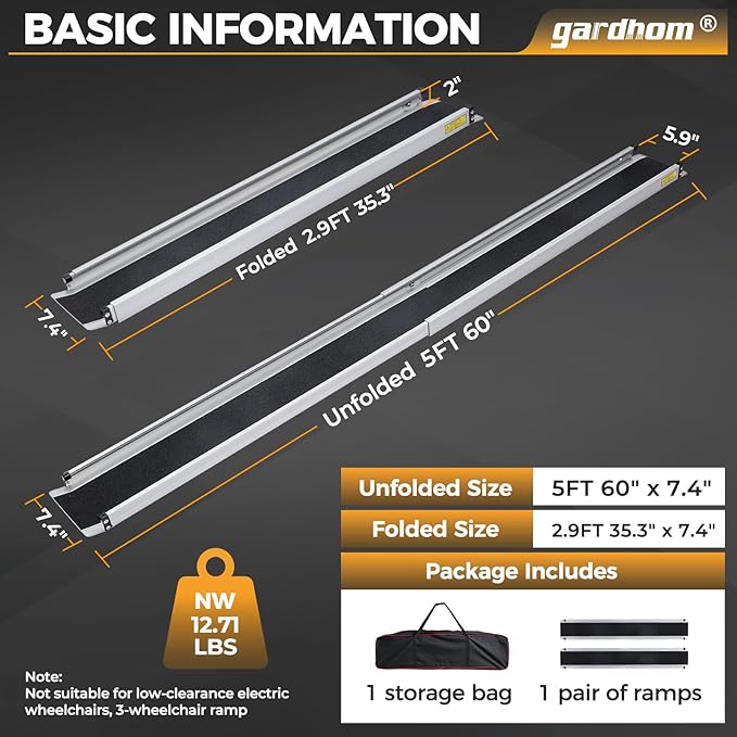gardhom 1Pair 5FT Adjustable Wheelchair Ramp 60" L x 7.4" W Telescopic Ramps for Wheelchairs 600lbs Portable Wheelchair Ramps for Steps Home Threshold Doorways Steps Stairs with Carrying Bag