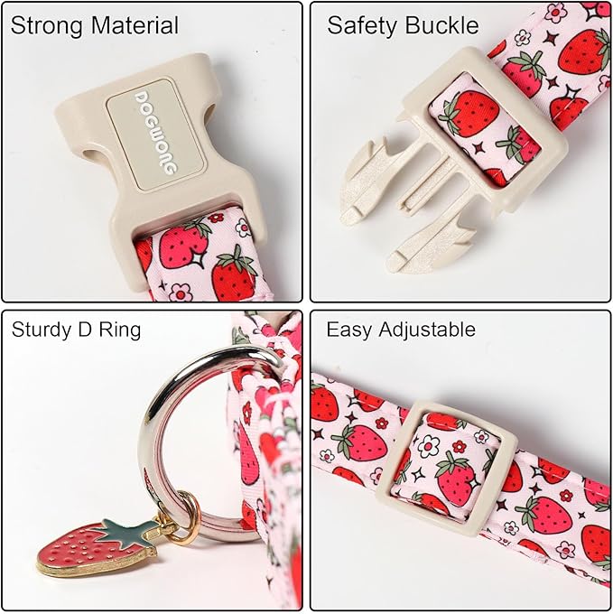 DOGWONG Strawberry Dog Collar, Cute Pink Strawberry Pet Collars with Quick Release Buckle for Puppy Small Medium Large Boy Girl Dogs-L