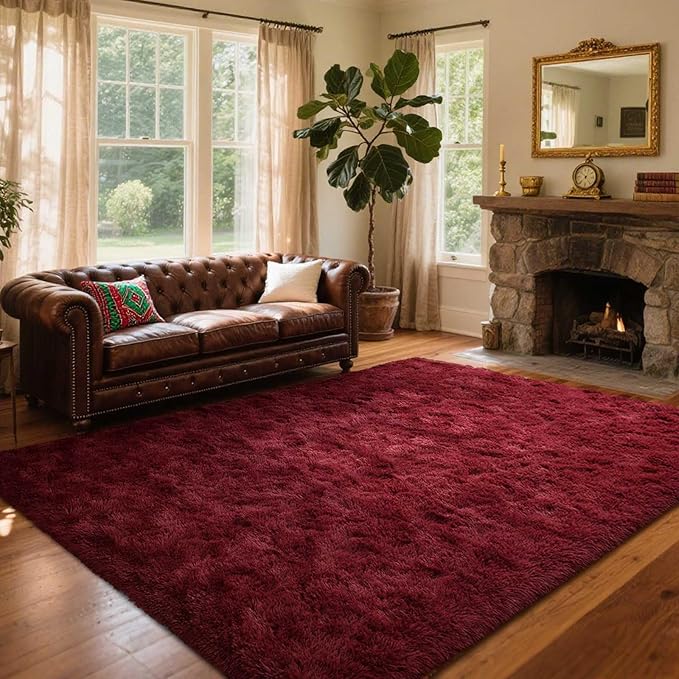 Area Rugs for Living Room, 5x7 Feet Soft Fluffy Shagg Plush Rug High Pile Large Indoor Modern Non-Slip Floor Carpet for Bedroom Nursery Girls Kids Home Room Dorm Decor Aesthetic Burgundy