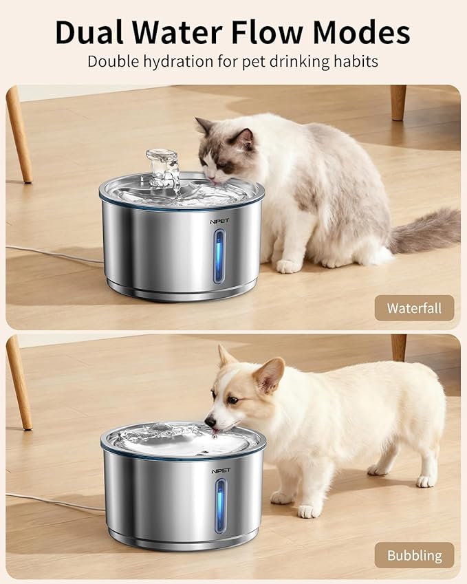 NPET Stainless Steel Cat Water Fountain, 1Gallon/135oz Automatic Pet Drinking Fountain Dog Water Dispenser with 8 Replacement Filters for Cats Indoor