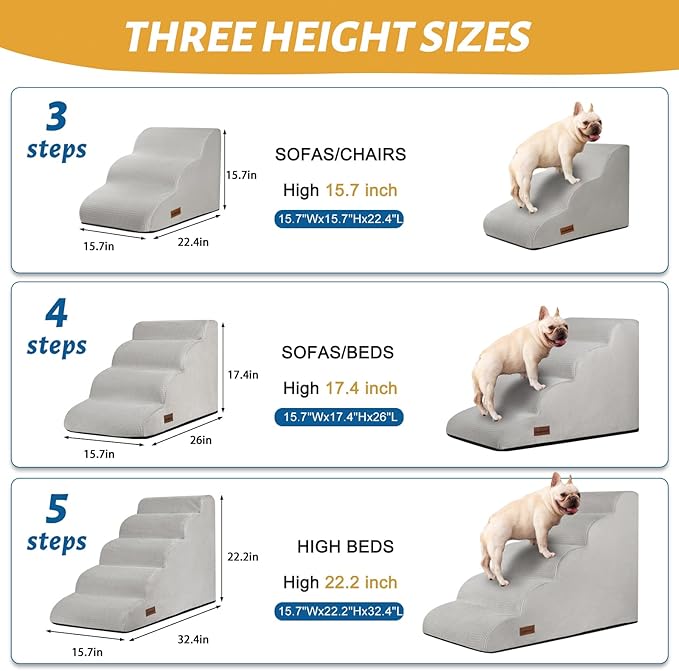 5-Step Dog Stairs and Ramp for High Bed, Non-Slip Sturdy Pet Steps for Small Dogs and Cats,22.2" H,Light Grey