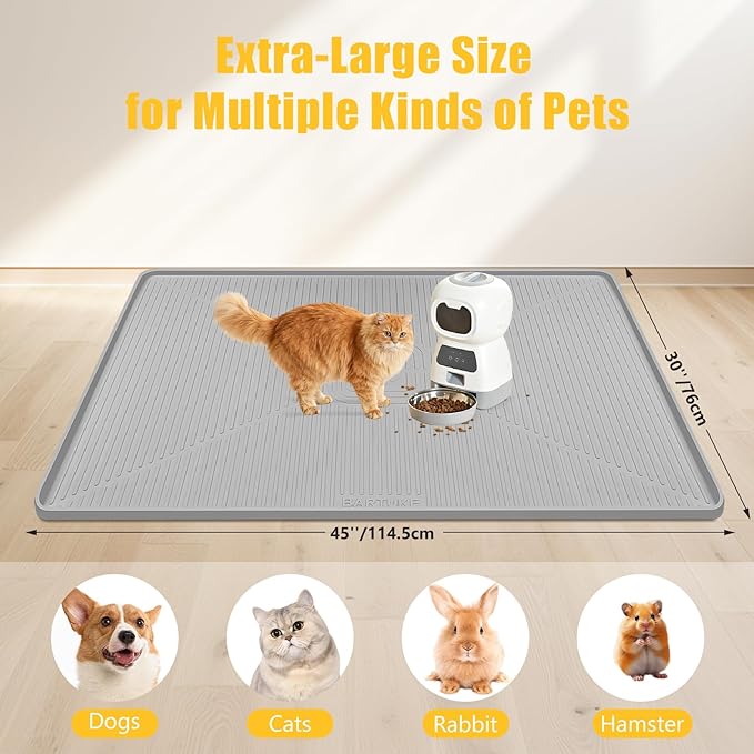 Lorvain 45" x 30" Cat Food Mat, Extra Large Silicone Pet Feeding Mat with Raised Edges, Pet Placemat for Cat Dog Food and Water Bowl Waterproof, Non-Slip, Easy to Clean, Floor Protection, Grey