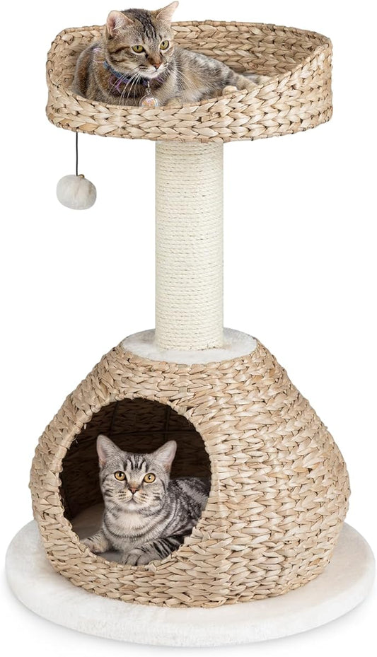 Tangkula Modern Cat Tree, Small Cat Tower with Natural Sisal Scratching Post, Hand-Made Wicker Cat Condo & Top Perch, Funny Hanging Toy Ball, Cute Cat Tree Tower for Indoor Cats