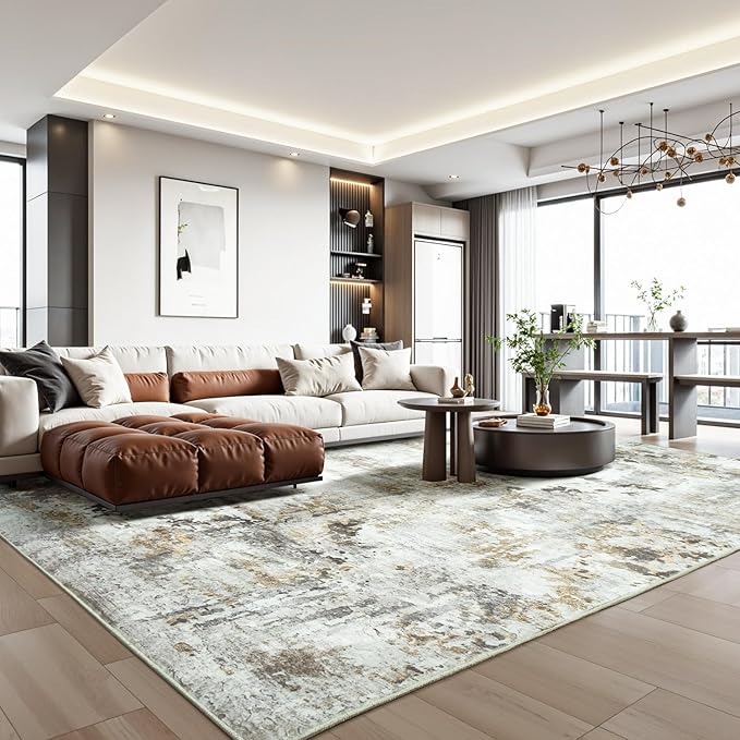 8x10 Area Rugs for Living Room, Abstract Neutral Large Washable Rug, Indoor Soft Non-Slip Floor Carpet for Bedroom Dining Room Home Decor, Brown/Grey