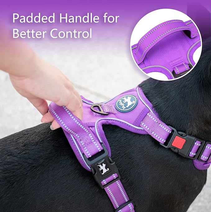 PoyPet No Pull Dog Harness, No Choke Reflective Dog Vest, Adjustable Pet Harnesses with Easy Control Padded Handle for Small Medium Large Dogs(Purple Matching Trim,XS)