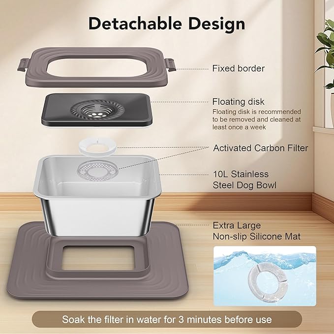 Decflow 10L Stainless Steel Dog Water Bowl, No Spill Anti-Splash Dog Bowls with XXL Silicone Mat, Spill-Proof Slow Feeder for Messy Drinkers, Heavy Duty Pet Bowls for Indoor/Outdoor Use