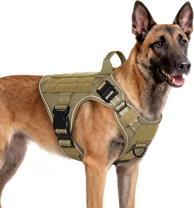 rabbitgoo Tactical Dog Harness Medium Large Sized, No Pull Upgraded Reflective Heavy Duty Molle Vest with Handle, Adjustable Military Service Dog Vest for Walking Hiking Training, Brown, M