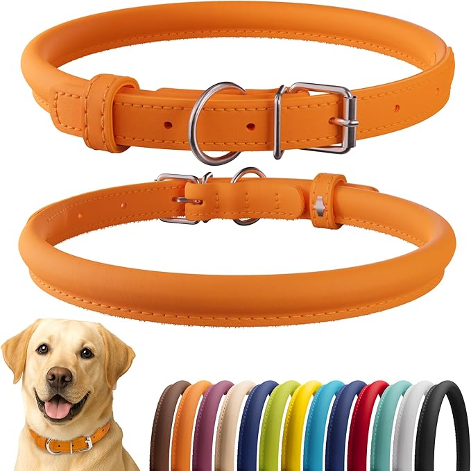 CollarDirect Rolled Leather Dog Collar, Soft Padded Round Puppy Collar, Handmade Genuine Leather Collar Dog Small Large Cat Collars 13 Colors (18-22 Inch, Orange Smooth)