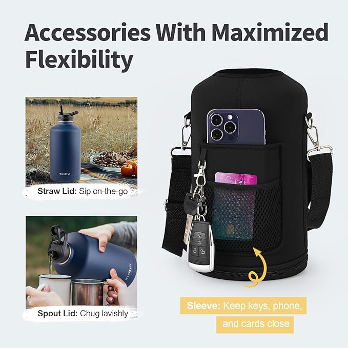 One Gallon Water Bottle Insulated, Triple Wall Vacuum Cold for 48 Hrs & Leak-proof & Non-BPA, 128oz Large Sports Stainless Steel Water Jug with Paracord Handle Straw Spout Lids & DIY Stickers