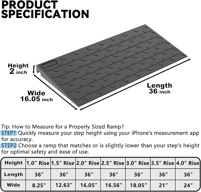 2" Rise Rubber Threshold Ramp for Doorways, 36" Wide Wheelchair Ramp 2200 Lbs Capacity, Entry Curb Ramp with Non-Slip Surface, for Wheelchairs, Scooter, Power Chairs, Driveways