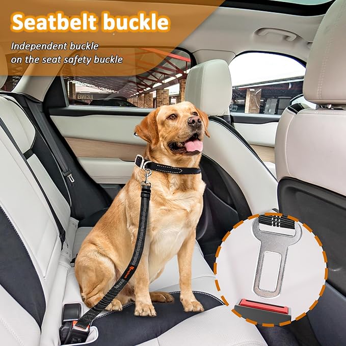 Removable Dog Seat Belt Harness for Car, 3 in 1 Pet Dog Car Seatbelt Leash, Retractable Restraint Secures to Vehicle Headrest & Adjustable Reflective Bungee Dog Seatbelt Tether, Black