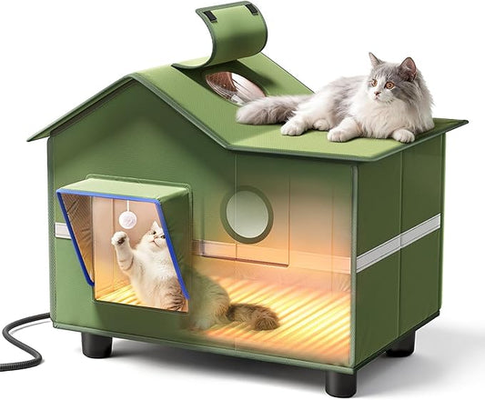 Heated Cat Shelter for Outside, Large Outdoor Cat House with Roof Window and Cozy Cushion, Weatherproof Foldable and Easy Assembly Design, Ideal for Stray and Feral Cats