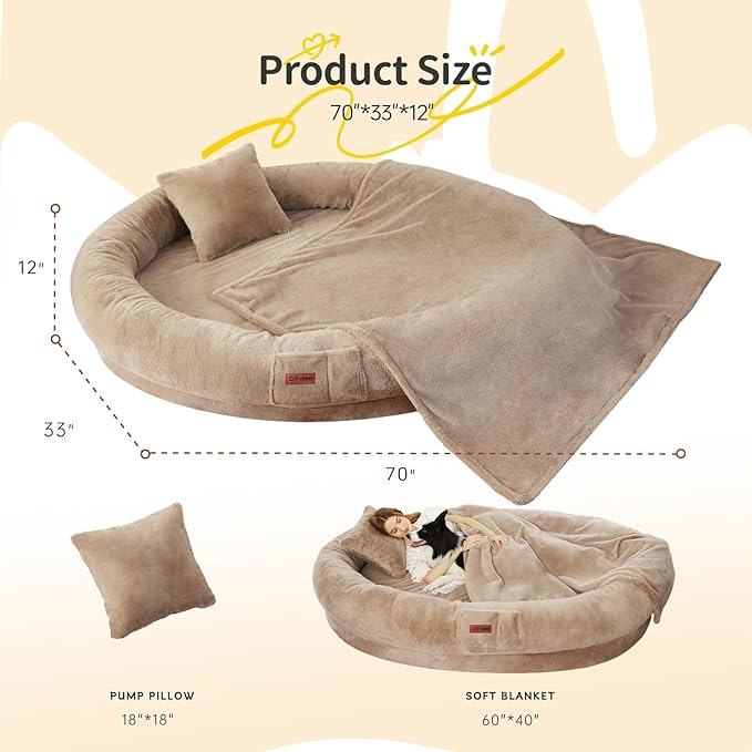 Human Dog Bed for Adult Kids, 70"x33"x12" Washable Faux Fur Human Size Dog Bed for People Doze Off, Cozy Large Present with Blanket and Pillow, Khaki