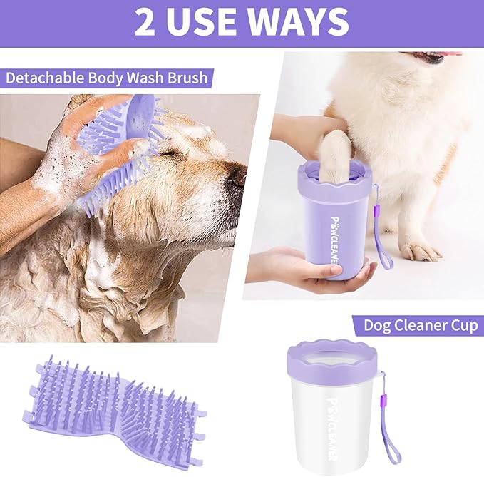 Professional 7 in 1 Dog Paw Cleaner for Dogs & Cats - Includes 1 Portable Paw Washer, 1 Bath Brush, 2 Dog Toothbrushes and 3 Absorbent Towels Note: Fits Paws 1.5 to 2.5 Inches Wide (Medium, Purple)