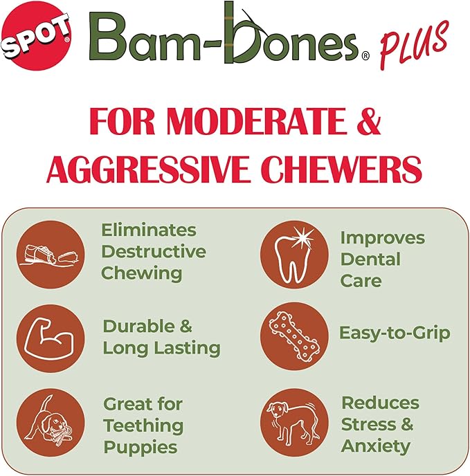SPOT Bam-Bones Plus T Bone – Bamboo Fiber & Nylon Dog Chew Toy for Moderate to Aggressive Chewers, Durable & Non-Splintering, Long Lasting Beef Flavor Toy for Dogs & Puppies Under 30 lbs, 4 in