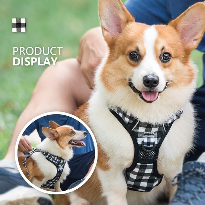PoyPet No Pull Dog Harness, [Neck Release] Reflective Adjustable No Choke Pet Vest with Front & Back 2 Leash Attachments, Soft Control Training Handle for Small Dogs(Grid,XL)
