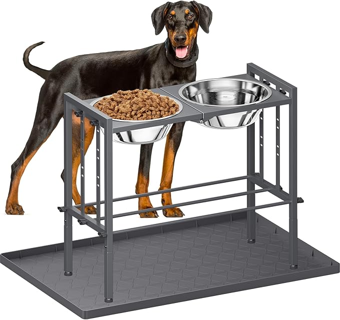 Elevated Dog Bowls - Metal Raised Dog Bowls for Large Breed with 3 Adjustable Heights, Perfect Sturdy Bowl Stands for Extra Large Sized Dogs, Grey with Feeding Mat