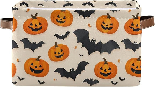 Wamika Happy Halloween Storage Basket with Waterproof Liner and PU Handles Spooky Pumpkin Black Bat Storage Bins Boxes 14.2" Collapsible Decorative Organizer Baskets for Bedroom Closet Office 1 Pack