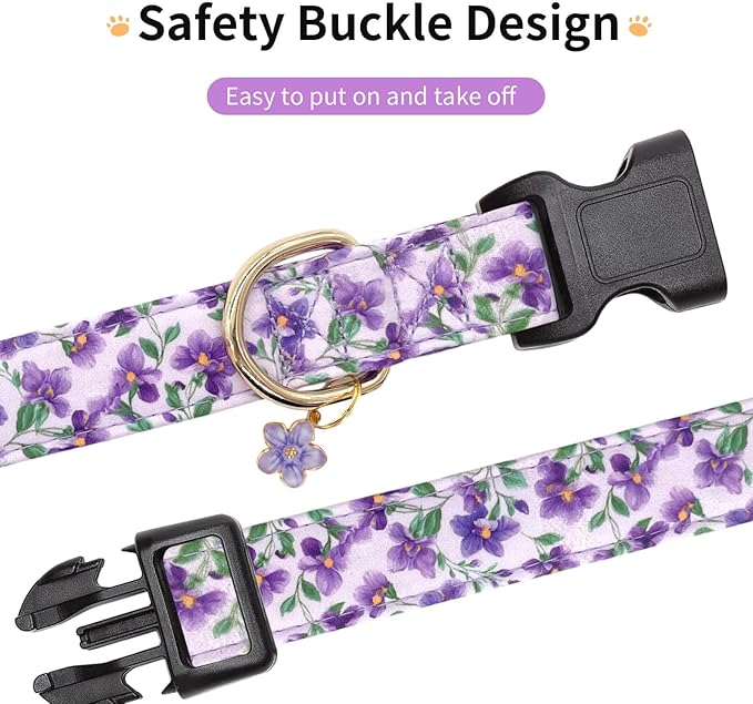 Cotton Dog Collar,Adjustable Cute Puppy Collar with Moon Patterned Design for Small Medium Large Dogs,Soft and Fancy Pet Collar with Safety Buckle for Girl Boy Dogs (Violet, L)