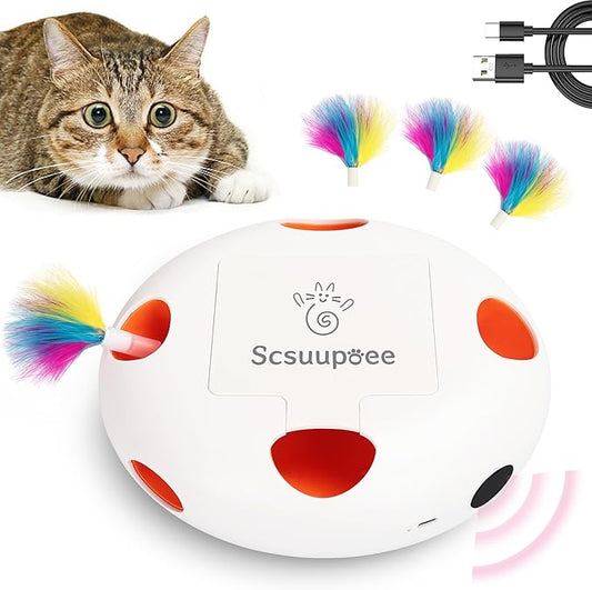 Interactive Cat Toy, Electric Cat Toys for Moving Concealed Feathers, Smart Sensor 7 Holes Whack a Mole Feather Toy, USB Charge Automatic Kitten Christmas Toys,White