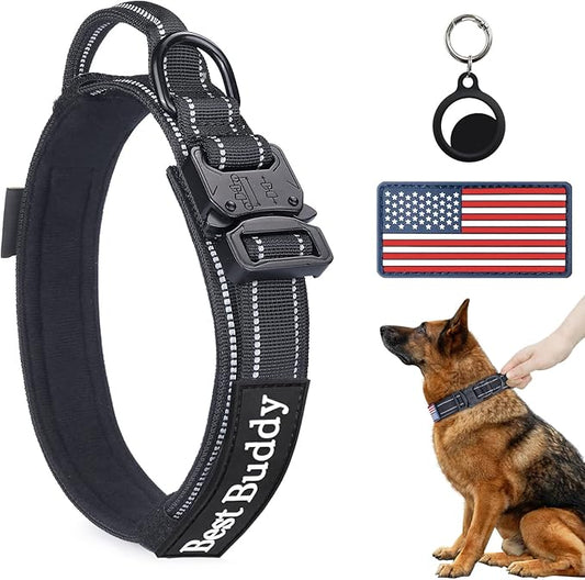 AUBELL Reflective Tactical Dog Collar,Adjustable Military Heavy Duty K9 Collars with Handle and Quick Release Metal Buckle Great for Large Dogs, with Airtag Case and 2 Patches (Black,L)