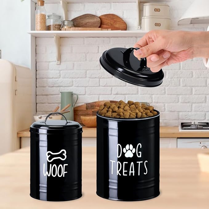 Dog Treat Container Airtight, Dog Treat Jar Set of 2 with Lid - 9x5.5''&7x4'' Metal Dog Cookie Jar for Farmhouse Kitchen Counter, Black Treat Jars for Pets, Treat Storage Container for Dogs, Cats