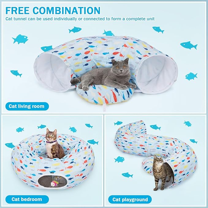 Ownpets Large Cat Tunnel Bed, Soft Plush Cat Donut Tunnel Bed with Washable Cushion, Peekaboo Cat Cave for Indoor Kitten, Puppy, Rabbit, Blue
