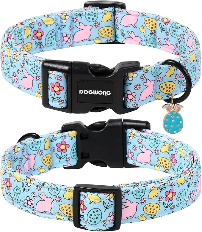 DOGWONG Easter Dog Collar-Cute Blue Easter Bunny Dog Collar, Easter Egg &Rabbit Pet Collars Puppy Collar Gifts with Quick Release Buckle for Girl&Boy Dogs,L