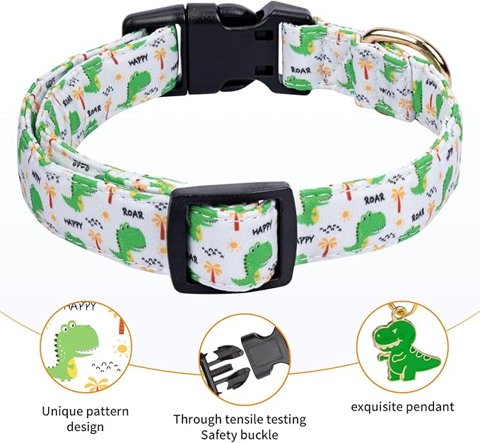 Cotton Dog Collar,Adjustable Cute Puppy Collar with Moon Patterned Design for Small Medium Large Dogs,Soft and Fancy Pet Collar with Safety Buckle for Girl Boy Dogs (Green Dinosaur, S)