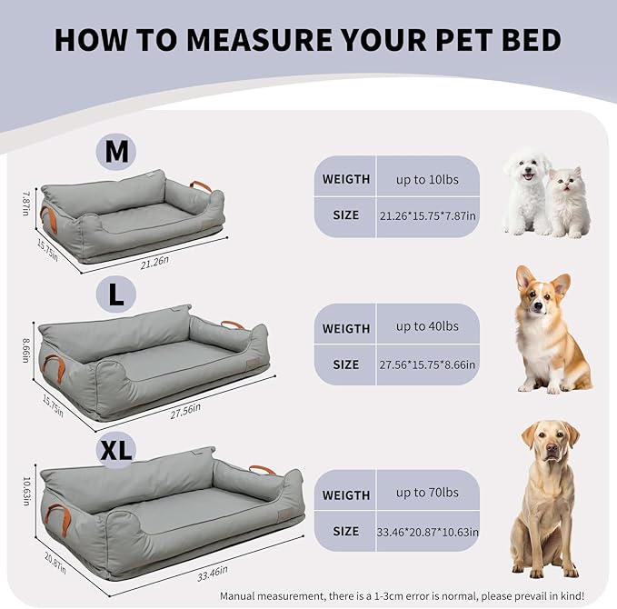 Removable Orthopedic Dog Beds for Large Dogs, Leather Memory Foam Dog Sofa Bed, Waterproof Durable Dogs Bed Couch with Non Skid Bottom for All Pet Sizes (Silver Gray, Medium)