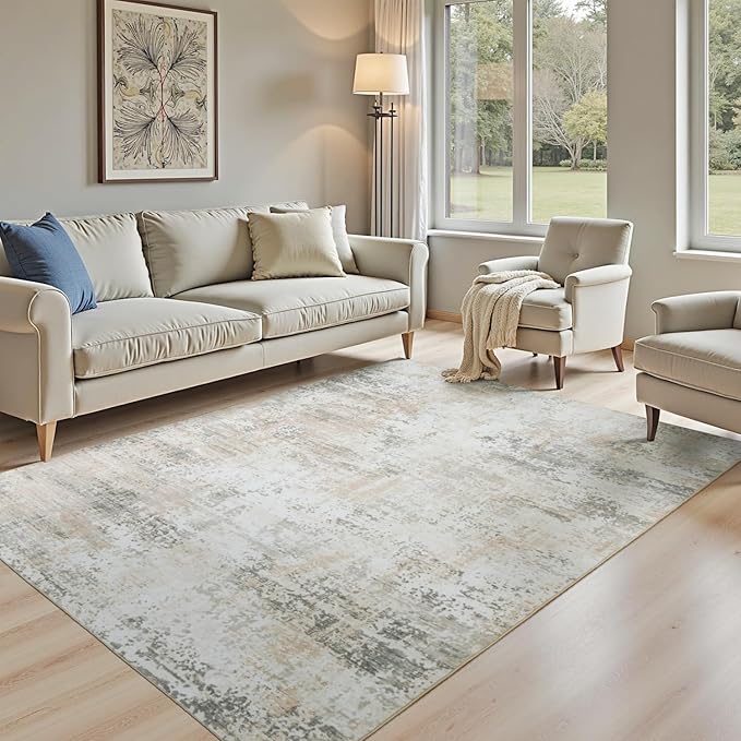 6x9 Abstract Rugs for Bedroom, Neutral Area Rug with Non-Slip Rubber Backing, Machine Washable Modern Carpet for Living Room Dorm Office Decor, Soft Low Pile Stain Resistant Cream Beige