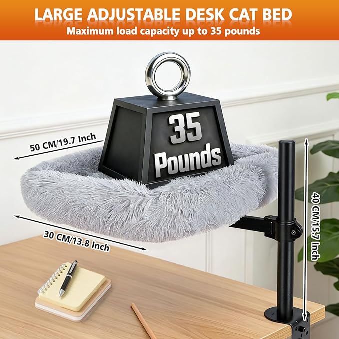 Large Cat Desk Bed - 360°Rotating Height Adjustable, Soft Removable Desk Cat Bed, Suitable for Gaming Desks and Office Desks, Maximum Weight Capacity Up to 35 lbs