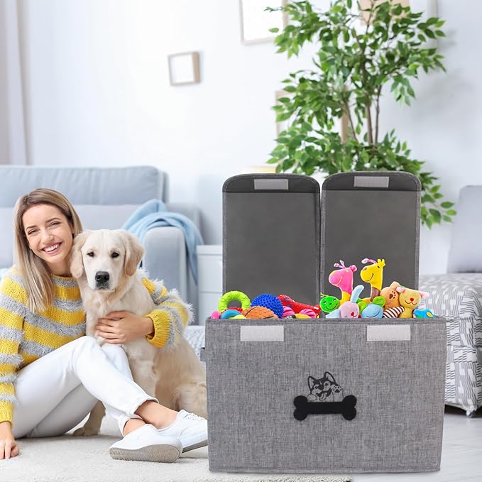 Geyecete Large Storage Boxes - Large Linen Fabric Foldable Storage Cubes Bin Box Containers with Lid and Handles Can be Personalized(Snow Gray)
