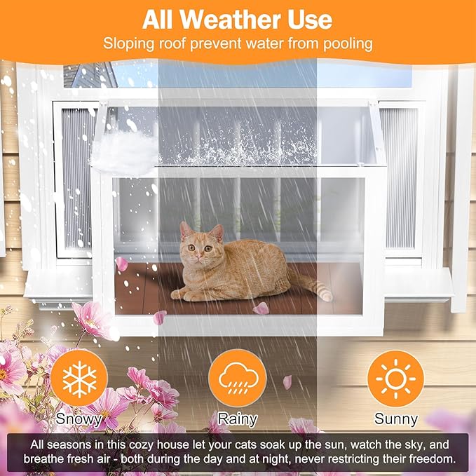 Cat Window Box Catio, Clear Acrylic Outdoor Cat Enclosure, Expandable Universal Cats Window Perch (25.4"-43.3"), Weatherproof & Easy-Install Kitty Balcony for Sunbathing & Birdwatching (Walnut)