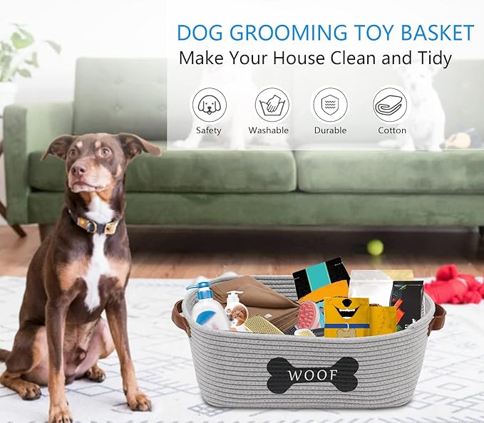 Morezi Cotton rope dog toy basket with handle, large dog bin, puppy kitty bed, dog toy basket - Perfect for carry pet toys, blankets, leashes, chew toys, diapers - Gray