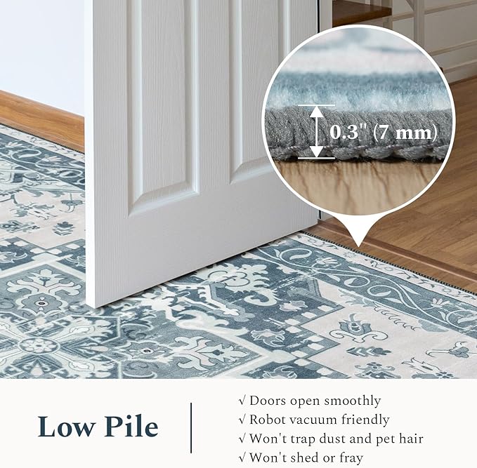 Rugflix 8x10 Area Rug for Living Room, Machine Washable Area Rugs with Non-Slip Backing, Large Soft Boho Vintage Rug for Bedroom, Dining Room, Traditional Thick Carpet, Kids Pet Friendly, Blue