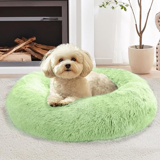 JOLLYVOGUE Calming Dog Bed for Small Dogs - 23 inches Donut Washable Small Dog Bed for Kittens & Puppies, Anti-Slip Round Fluffy Plush Faux Fur Cat Beds (Fits up to 25 lbs Pets, Light Green)